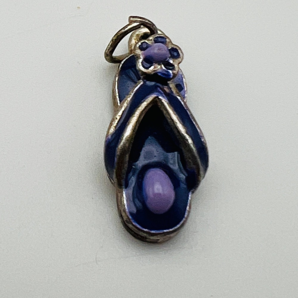 Vintage Purple Enamel Shoe Charm Pendant Flip Flop High Heel Silver Tone